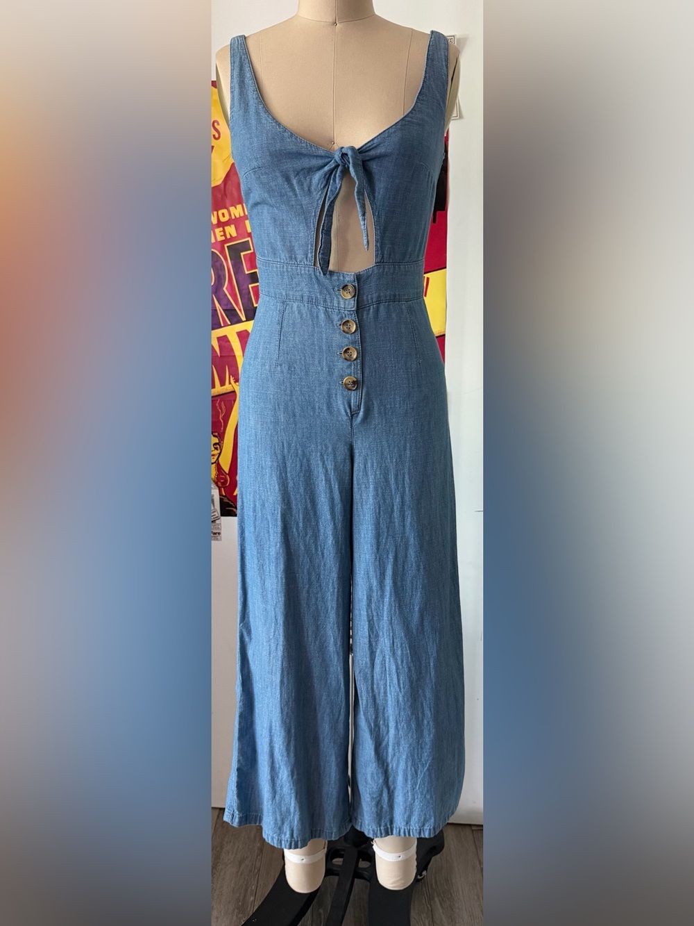 Topshop Light Blue Denim Tie-Front Wide-Leg Jumpsuit